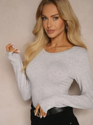 Jasnoszara Bawełniana Bluzka Typu Longsleeve z Okrągłym Dekoltem Eziola glo-story