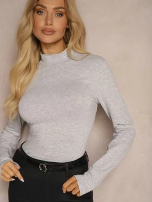 Jasnoszara Bawełniana Bluzka Typu Longsleeve z Półgolfem Riata glo-story