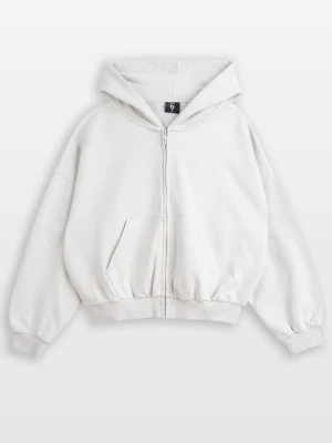 Jasnoszara bluza BOXY z kapturem  minimalistycznym haftem Reporter