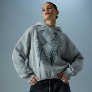 Jasnoszara bluza z kapturem i nadrukiem skrzydeł House