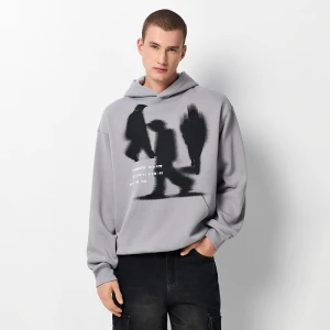 Jasnoszara bluza z kapturem i rozmazanym nadrukiem House