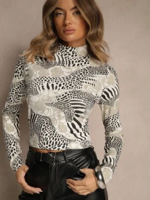 Jasnoszara Bluzka Longsleeve z Bawełny z Półgolfem i Panterkowym Printem Unalla glo-story