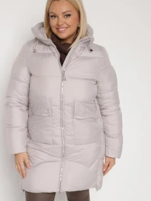 Jasnoszara Długa Pikowana Kurtka z Nieodpinanym Kapturem Mevessia