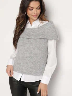 Jasnoszara Dzianinowa Bluzka Top z Hiszpańskim Dekoltem z Wełną Inathiel acajo