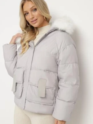 Jasnoszara Kurtka Pikowana z Odpinanym Futerkiem Nomizia rosse line