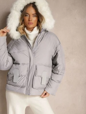 Jasnoszara Kurtka z Kieszeniami i Odpinanym Kołnierzem z Futerka Nomilaine rosse line