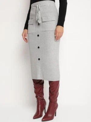 Jasnoszara Ołówkowa Spódnica z Kaszmirem Wysokim Stanem Kieszeniami i Metalowymi Guzikami Edialora tandem