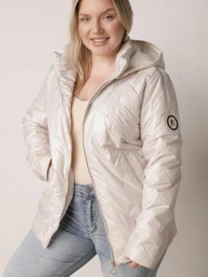 Jasnoszara Pikowana Kurtka Przejściowa o Prostym Kroju z Kapturem Vimoris