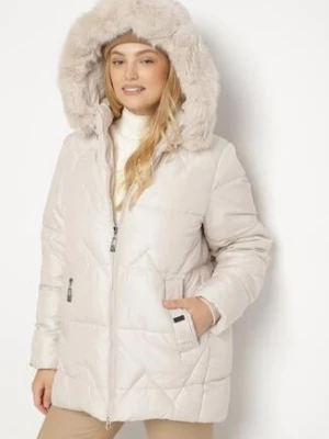 Jasnoszara Pikowana Kurtka z Kapturem z Futerkiem Tevea swest