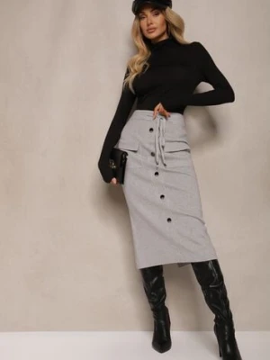 Jasnoszara Spódnica Ołówkowa z Kaszmirem High Waist z Ozdobnymi Guzikami i Kieszeniami Edithwen tandem