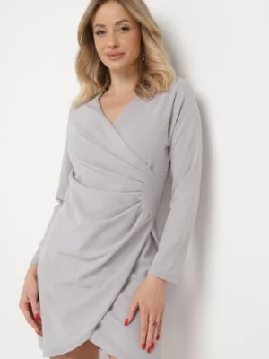 Jasnoszara Sukienka Kopertowa z Ozdobnym Marszczeniem Ohildria