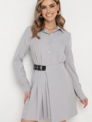 Jasnoszara Sukienka Koszulowa z Plisowanym Asymetrycznym Dołem z Paskiem Vattea allyson