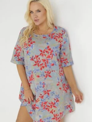 Jasnoszara Trapezowa Sukienka Mini z Wiskozy w Kwiaty Donnia bludeise