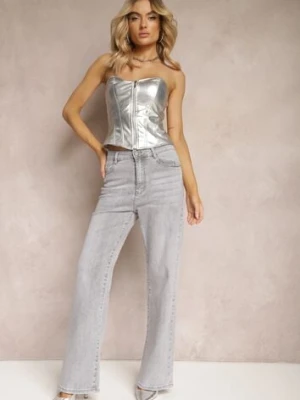 Jasnoszare Bawełniane Jeansy High Waist o Luźnym Fasonie Carinada