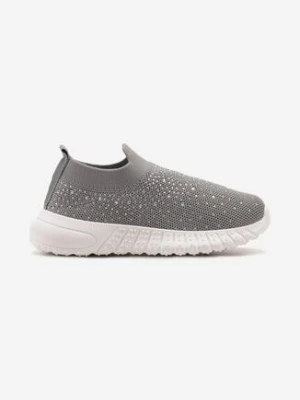 Jasnoszare Buty Sportowe Sneakersy Wsuwane na Płaskiej Podeszwie Ozdobione Cyrkoniami Tloelia