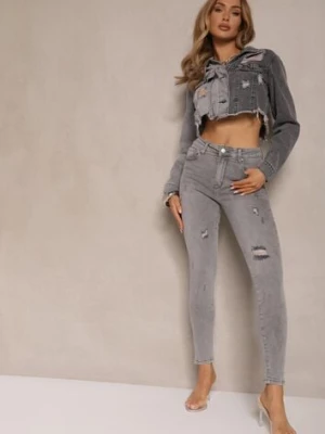 Jasnoszare Jeansy o Fasonie Skinny High Waist z Ozdobnymi Przetarciami Lililiane