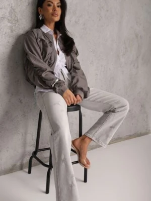 Jasnoszare Proste Jeansy z Bawełną High Waist Ozdobione Przetarciami Vimareas