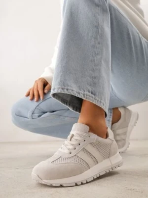 Jasnoszare Sneakersy z Zamszu Naturalnego z Ozdobnymi Paskami i Perforacją Ravinelle goodin