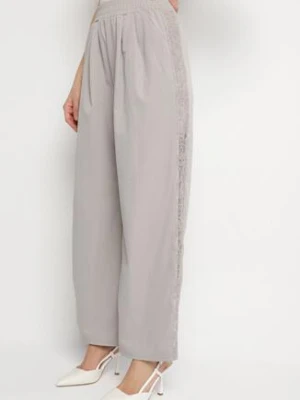 Jasnoszare Spodnie z Bawełną o Szerokim Kroju z Wysokim Stanem i Koronką Efadwenna alina