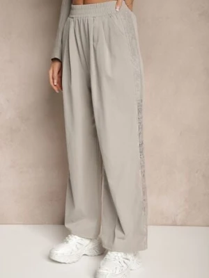 Jasnoszare Szerokie Spodnie z Bawełną High Waist Ozdobione Koronką Efandiela alina