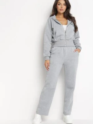 Jasnoszary 2-Częściowy Komplet Dresowy Wykończony Polarem Bluza z Kapturem i Szerokie Spodnie z Gumką w Pasie Koriora