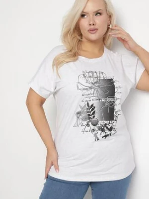 Jasnoszary Bawełniany T-shirt z Metalicznym Nadrukiem Farilna