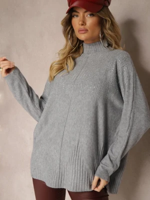 Jasnoszary Golf o Kroju Oversize z Eleganckim Cyrkoniowym Zdobieniem przy Dekolcie Melirra J&x