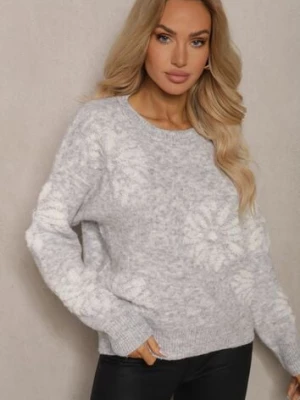 Jasnoszary Klasyczny Sweter z Wełną z Ozdobnym Wzorem w Duże Kwiaty Inalissea acajo