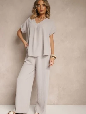 Jasnoszary Komplet Bluzka i Luźne Spodnie z Wiskozą i Kieszonkami Efraria defox