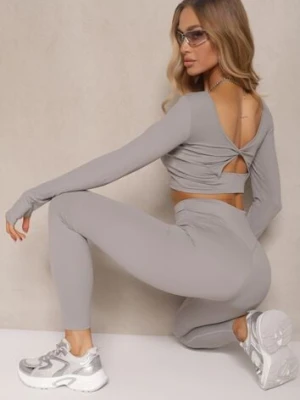 Jasnoszary Komplet Sportowy Legginsy High Waist i Longsleeve z Ozdobnym Tyłem Dasalle