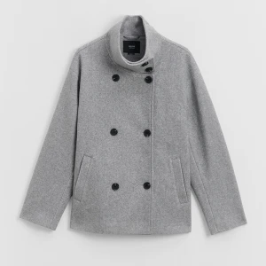 Jasnoszary płaszcz ze stójką i dwurzędowym zapięciem House