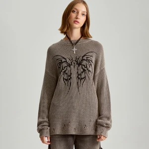 Zdjęcie produktu Jasnoszary sweter oversize z okrągłym dekoltem i motywem tribal House
