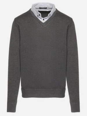 Jasnoszary Sweter z Wełną i Koszulowym Kołnierzykiem Espirra swest