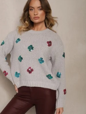 Jasnoszary Sweter z Wiskozą Zdobiony Cekinowymi Aplikacjami z Kwiatami Edalora wei wei