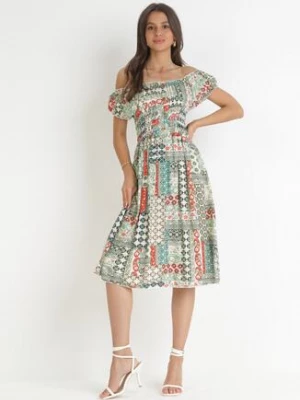 Jasnozielona Bawełniana Sukienka Midi z Hiszpańskim Dekoltem i Gumkami w Pasie Brinlee