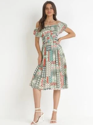 Jasnozielona Bawełniana Sukienka Midi z Hiszpańskim Dekoltem i Gumkami w Pasie Brinlee generation