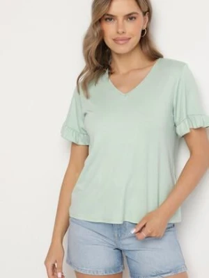 Jasnozielona Bluzka z Dekoltem w Serek z Wiskozą Zdobiona Falbankami przy Rękawach Aliriva new collection