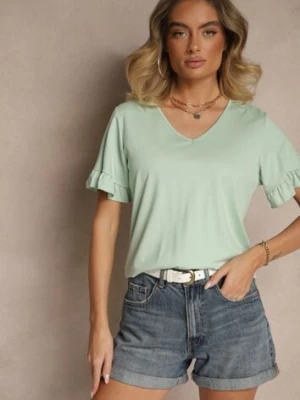 Jasnozielona Bluzka z Wiskozą z Falbankami i Dekoltem w Kształcie Litery V Alivaya new collection