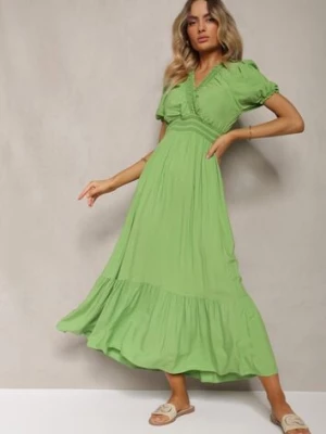 Jasnozielona Boho Sukienka z Bawełny o Kopertowym Fasonie Rissatina defox