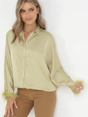 Jasnozielona Długa Koszula Nietoperz Zapinana na Guziki Ozdobiona Piórami Luigitte wei wei