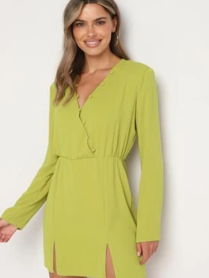 Jasnozielona Dopasowana Sukienka z Gumką w Pasie Zapinana na Guziki Dimma lefon
