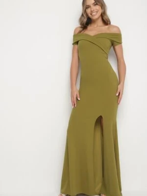 Jasnozielona Koktajlowa Sukienka z Hiszpańskim Dekoltem Erpollia messaya