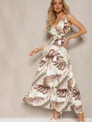 Jasnozielona Kopertowa Sukienka Rozkloszowana z Florystycznym Printem i Cienkimi Ramiączkami Jasara h&s