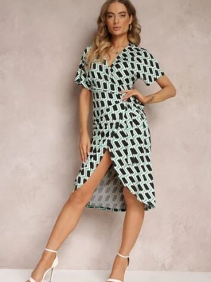 Jasnozielona Kopertowa Sukienka Wiązana w Pasie w Geometryczny Wzór Aphrosia by swan