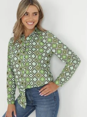 Jasnozielona Koszula na Guziki z Geometrycznym Wzorem Ieawe cflo