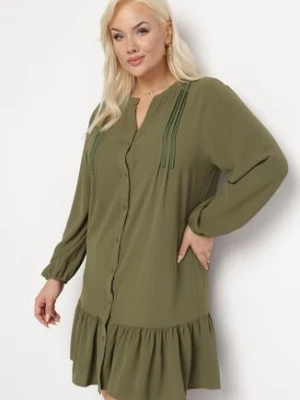 Jasnozielona Koszulowa Sukienka Mini z Falbanką Brindel