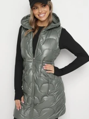 Jasnozielona Pikowana Kamizelka Bezrękawnik z Kapturem Zapinana na Zamek Amitri swest