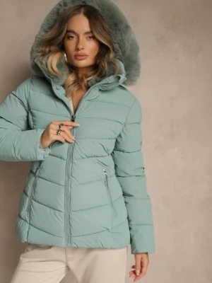 Jasnozielona Pikowana Kurtka o Taliowanym Kroju z Kapturem z Futerkiem Olidessa romee's