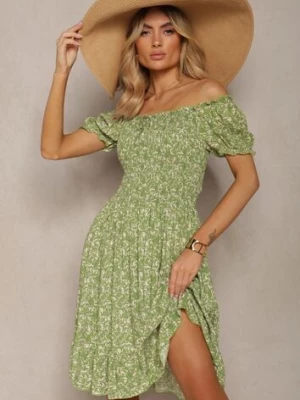 Jasnozielona Rozkloszowana Sukienka Bawełniana w Kwiaty z Hiszpańskim Dekoltem Xallona defox