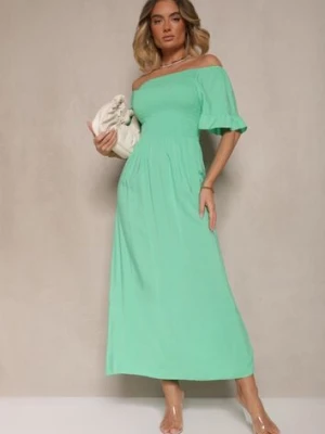 Jasnozielona Rozkloszowana Sukienka Hiszpanka z Bawełny z Elastyczną Górą Maissa defox